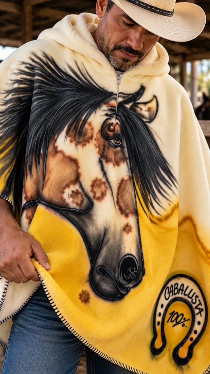 Hombre con sombrero mirando de cerca el caballo pintado en su abrigo amarillo