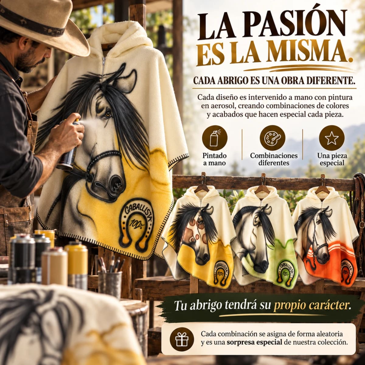 La pasión es la misma. Artesano pintando con aerosol un caballo sobre el abrigo; al lado, tres abrigos en amarillo, verde y naranja.