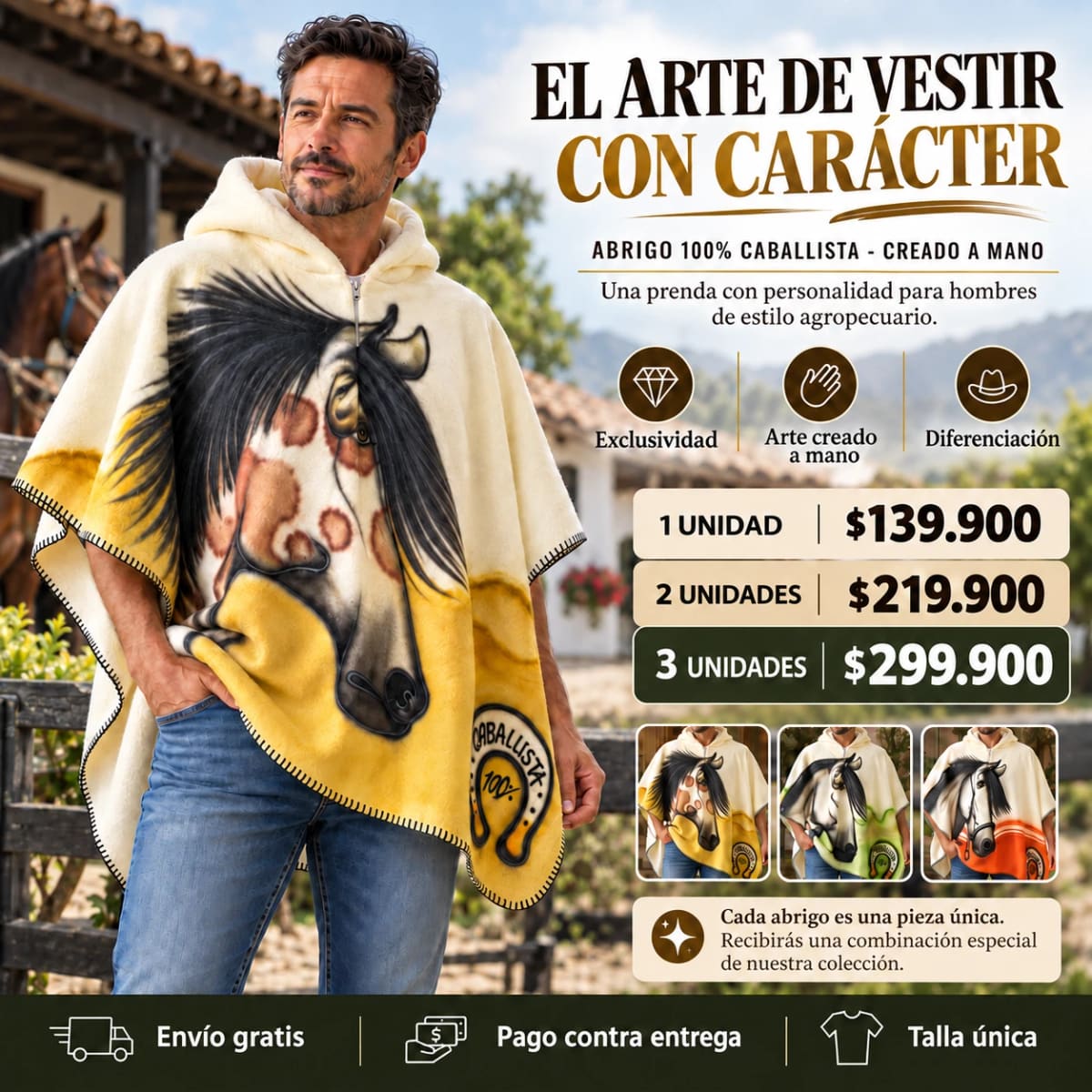 El arte de vestir con carácter. Hombre con el Abrigo 100% Caballista amarillo junto a una pesebrera. Precios por 1, 2 y 3 unidades. Envío gratis, pago contra entrega, talla única.