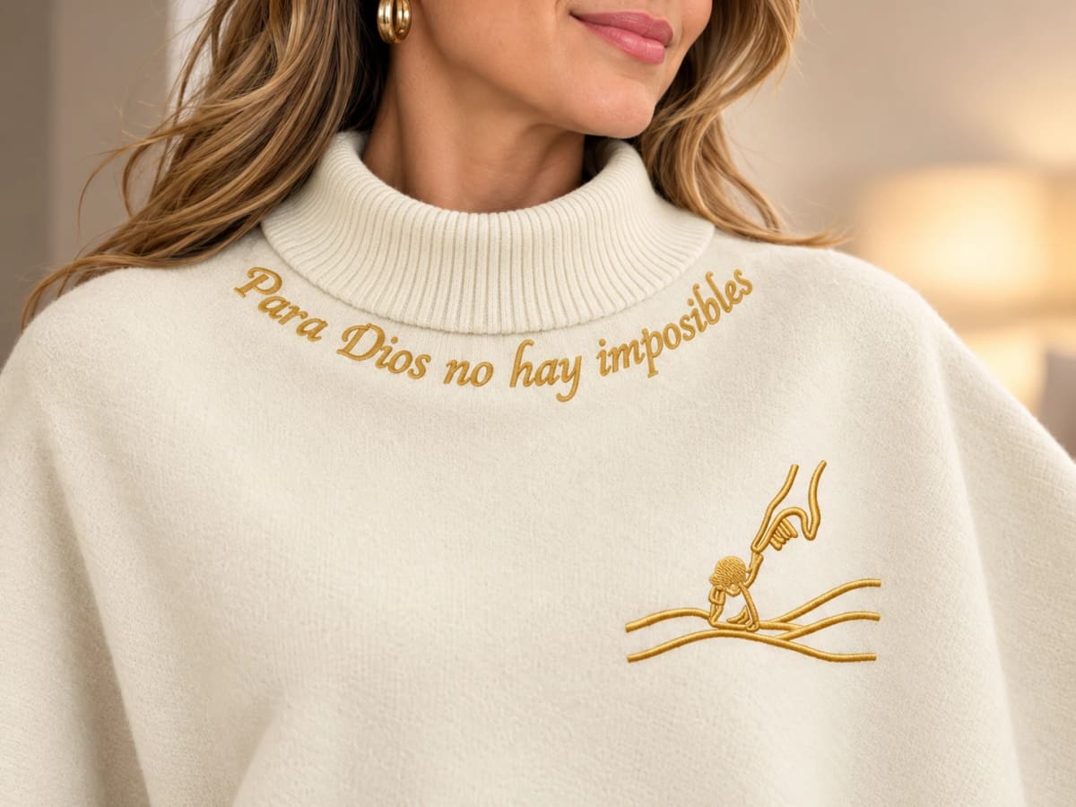 Acercamiento del abrigo beige: la frase Para Dios no hay imposibles bordada en dorado alrededor del cuello y la mano bordada en el pecho