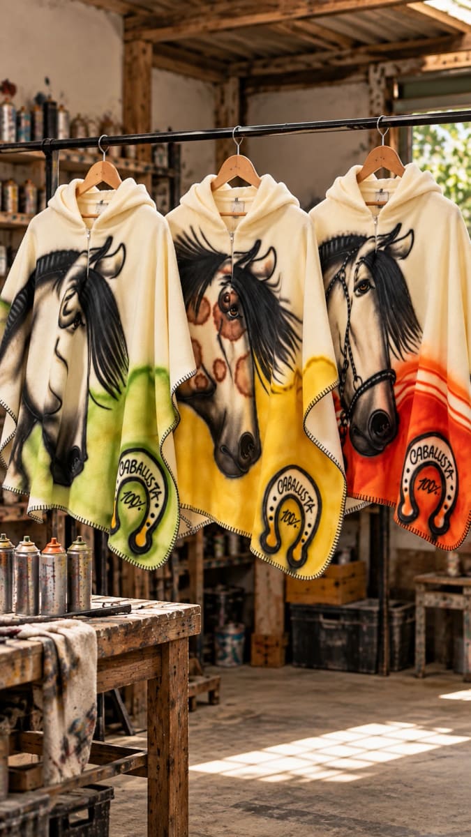 Tres abrigos pintados a mano en verde, amarillo y naranja, colgados en el taller junto a las latas de aerosol