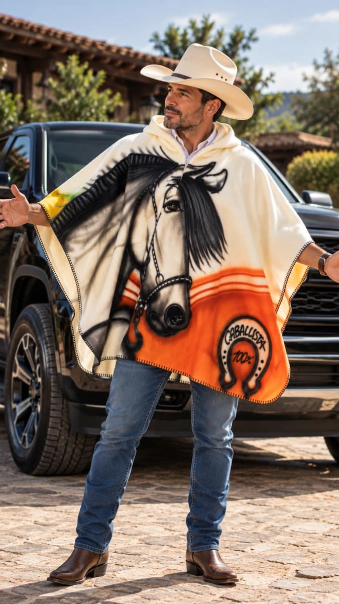 Hombre con sombrero y el Abrigo 100% Caballista naranja, con los brazos abiertos frente a una camioneta
